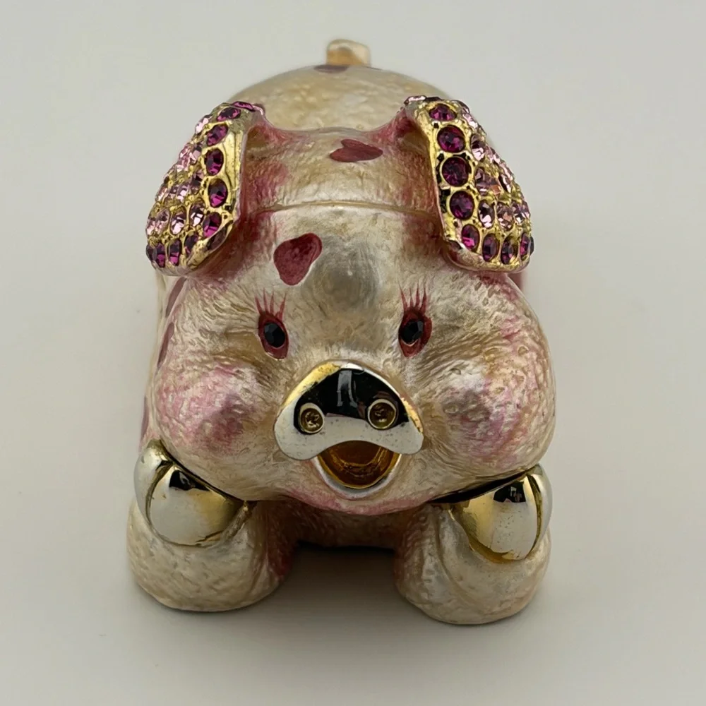 Vintage Gold Pink Enamel Rhinestone Pig Trinket Box - Picture 2 of 7
